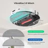 A robotic vacuum cleaner with its underside visible, showing brushes and a mopping system, with diagrams of mopping pads and descriptive text. Produktbild-Vorschau