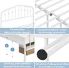 Collage of images showcasing a white metal bed frame with a crown headboard, highlighting its design, construction, and under-bed storage space. Produktbild-Vorschau