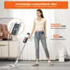 A woman is holding a cordless vacuum cleaner in a well-lit room. There is an inset diagram showing the battery and circuitry of the vacuum, and text overlays highlight product features and specifications. Produktbild-Vorschau