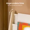 Close-up of a wooden shelf with a rounded corner, next to a brown curtain. There is text overlay indicating the feature. Produktbild-Vorschau