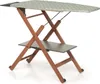 A wooden ironing board with a gray patterned cover and a lower shelf. Voir les images du produit