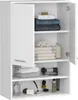 A white bathroom cabinet with its doors open, displaying shelves filled with folded towels and toiletries. Produktbild-Vorschau