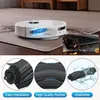 A robot vacuum cleaner is shown cleaning a rug, with close-up insets highlighting its brush and mop features. Produktbild-Vorschau