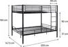 A black metal bunk bed with dimensions indicated by measurement lines and text. Anteprima dell’immagine prodotto