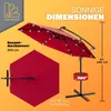 A marketing image showcasing a red patio umbrella with LED lights, displaying its dimensions and features. Produktbild-Vorschau