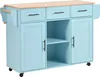 A light blue kitchen island with a wooden countertop and three drawers on top, two cabinets below, and open shelving in the middle. It has a towel rack on the left side and wheels on the bottom. Produktbild-Vorschau