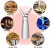 A collage of images showing different settings where a cream whipper can be used, with the cream whipper prominently displayed in the center. Produktbild-Vorschau