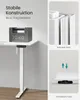 A split image showing a white height-adjustable desk with a weight on it, and close-ups of its construction and adjustable feet. Produktbild-Vorschau