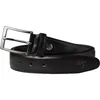 A black leather belt with a silver buckle is displayed against a white background. Produktbild-Vorschau