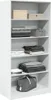 A white wardrobe with several shelves, some filled with folded clothes and boxes. Produktbild-Vorschau