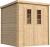 A wooden garden shed with double doors and two windows. Podgląd zdjęcia produktu