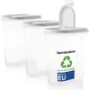 Three clear plastic storage containers with white lids, one of which is open showing a pouring spout. The front container has a label with recycling symbols and text. Produktbild-Vorschau