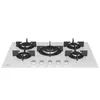 A white gas stovetop with five burners and control knobs, presented on a white background. Voir les images du produit