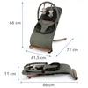 Two views of a green baby bouncer, one upright and one folded, with dimensions indicated by measurement lines and text. Anteprima dell’immagine prodotto