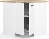 A corner cabinet with two doors, showing plates on shelves inside. Náhľad obrázku produktu