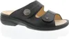 A black leather sandal is shown against a white background. Produktbild-Vorschau
