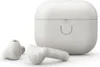 A pair of white wireless earbuds and their charging case are displayed against a white background. Produktbild-Vorschau