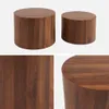 A collage of images showing two round wooden side tables, one larger than the other, and close-ups of the wood grain and table top. Produktbild-Vorschau