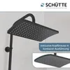 A close-up of a black shower head with a curved arm, mounted on a light gray tiled wall. A smaller inset image shows a close-up of the shower head from a different angle. Text overlays provide product details. Anteprima dell’immagine prodotto