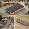 A collage of images showing a rugged, orange and black solar power bank in various outdoor settings, including near water, on rocky terrain, and on sand. Produktbild-Vorschau