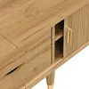 A close-up view of a wooden TV cabinet with a golden handle and ribbed door. Produktbild-Vorschau