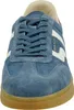 A close-up, front-facing view of a blue suede sneaker with white accents and a gum sole. Náhľad obrázku produktu