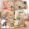 A collage of images showing different features of a wooden baby walker and activity toy. Produktbild-Vorschau