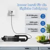 A black handheld vacuum cleaner is shown charging on a white countertop next to some vegetables. Text overlays describe its features. Produktbild-Vorschau
