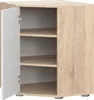 A corner cabinet with an open door, showing three shelves inside. The cabinet has a wood-grain exterior and a white door. Náhľad obrázku produktu