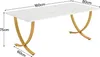 A white marble-patterned rectangular table with gold criss-cross legs, shown with dimensions indicated by measurement lines and text. Produktbild-Vorschau