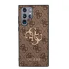 A brown phone case with a repeating Guess logo pattern and a gold Guess logo in the center. Produktbild-Vorschau