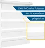 A white roller blind with horizontal stripes, featuring marketing text overlays highlighting its features. Produktbild-Vorschau