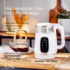A white glass kettle with a digital display is shown on a wooden surface, next to a glass teapot and a cup. Produktbild-Vorschau