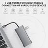 A USB-C hub connected to a laptop, with icons and text describing its capabilities. Produktbild-Vorschau