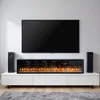 A modern electric fireplace media console with a TV mounted above it and speakers on either side. Produktbild-Vorschau