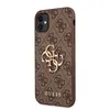 A close-up, angled view of a brown Guess branded iPhone case with a gold logo. Podgląd zdjęcia produktu