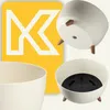 A collage of images showing a cream-colored plant pot with wooden legs, a close-up of the pot's interior, and a yellow graphic with a white 'K' logo. Voir les images du produit
