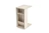 A side view of a light-colored, c-shaped side table with two shelves and a magazine holder. Produktbild-Vorschau