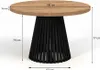A round dining table with a wooden top and a black slatted pedestal base, with dimensions indicated by measurement lines and text. Produktbild-Vorschau