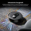 A robotic vacuum cleaner is shown on a carpet, cleaning up debris. Blue light effects indicate suction power. Produktbild-Vorschau