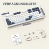 A keyboard and its accessories are laid out on a light gray background, with dimensions indicated by lines and text. Produktbild-Vorschau