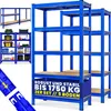 A collage of blue metal shelving units, some filled with various items, and some unassembled parts. Produktbild-Vorschau