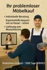 A man is on a video call with a woman, discussing furniture. A delivery person stands nearby with a rolled-up blanket. Produktbild-Vorschau