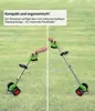 Two views of a grass trimmer on a grassy background, demonstrating different lengths. Produktbild-Vorschau