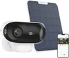 A Reolink 4K 8MP security camera with a solar panel and a smartphone displaying a live feed. Produktbild-Vorschau