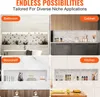A collage of four images showing different applications of a niche product, including a bathroom, cabinet, bookshelf, and kitchen. Voir les images du produit