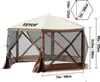 A diagram showing the dimensions of a VEVOR pavilion tent, with the tent itself shown in the background. Náhled obrázku produktu