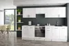 A modern, glossy white kitchen setup with a dark gray backsplash, featuring cabinets, an oven, countertop, sink, and a kettle. A dining table and chairs are visible on the left. Produktbild-Vorschau