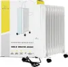 Product packaging with a white oil-filled radiator shown on the right, and a graphic of the radiator on the left. Produktbild-Vorschau