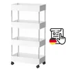 A white four-tier rolling cart is shown against a white background. To the right of the cart is an icon representing a document with a hand pointing to it, and a small German flag. Podgląd zdjęcia produktu